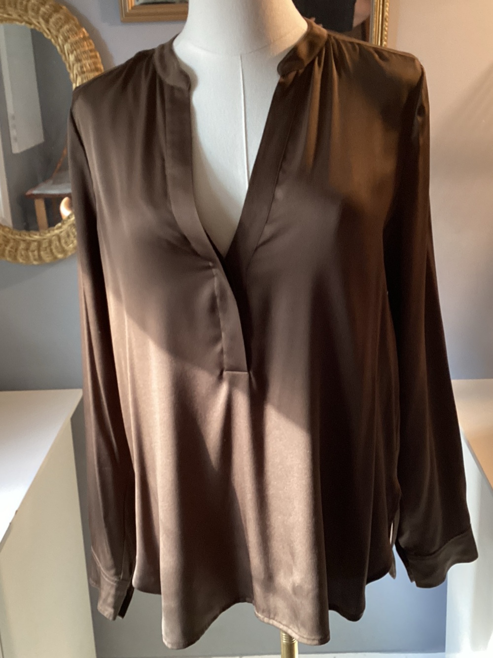 Vince Brown stretch silk  V-Neck Long-Sleeve Blouse